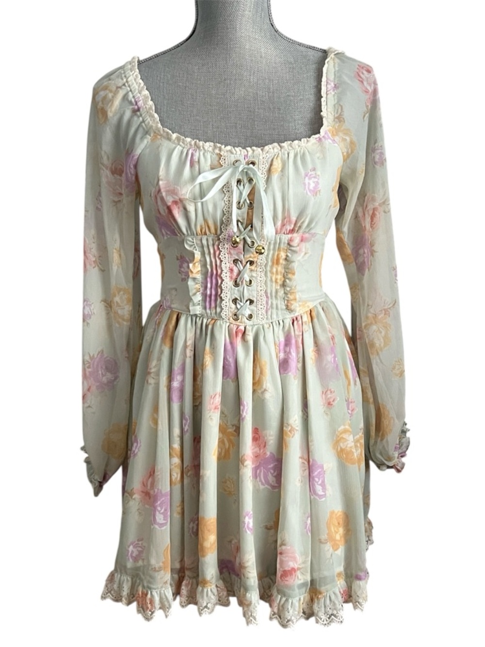 Cottagecore Liz Lisa Floral Chiffon Corset Lace-Up Mini Dress
